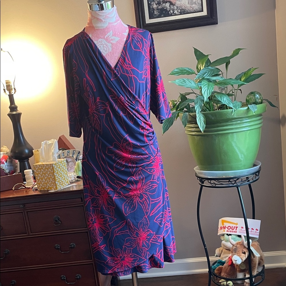 Tommy Bahama Navy Blue and Pink Floral Asymmetrical Wrap Dress
